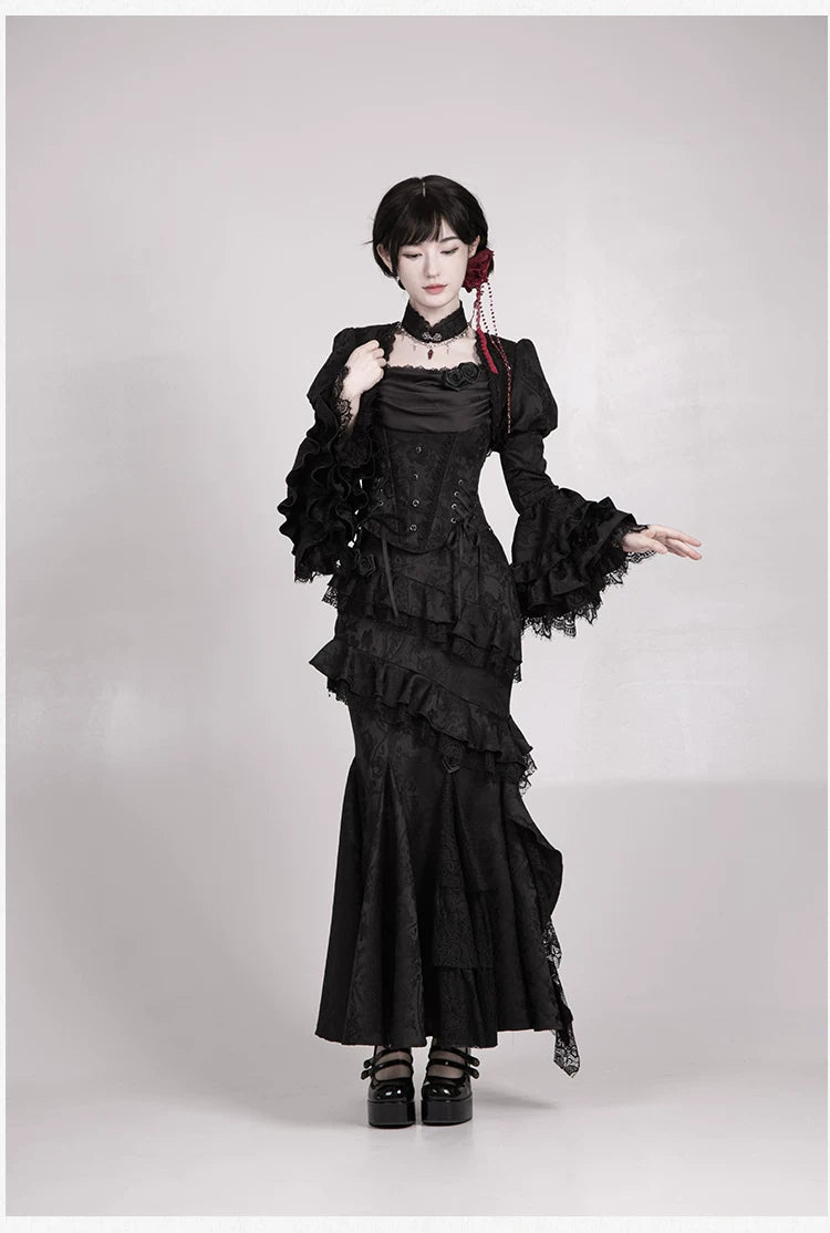 暮光 ブラックのゴスロリマーメイドスカートセットアップ