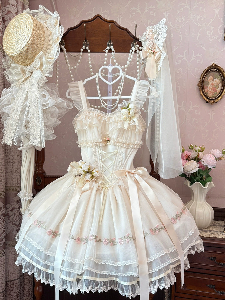 Misty Bloom　花刺繍のミニ丈ジャンパースカート