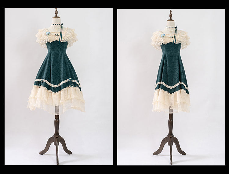 薔薇模様のジャガードフリルレース2wayワンピース 全4色