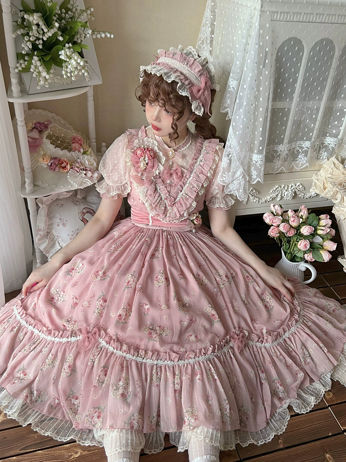 クラロリ フリルレース カットソー 教会 薔薇柄 ワンピース セット クラロリ フリルレース カットソー 教会 薔薇柄 ワンピース セット