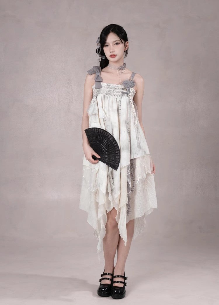 Irregular hem floral Lolita ink painting style jumper skirt