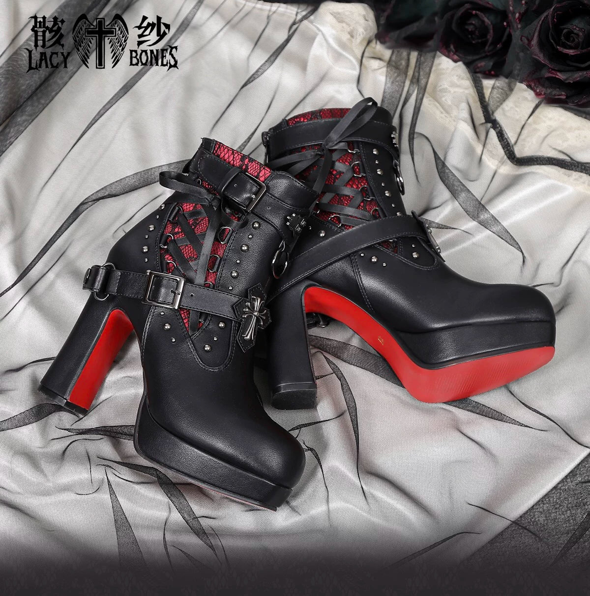 【暗黒の詩】レッドソール×黒紗のゴシックハイヒールブーツ