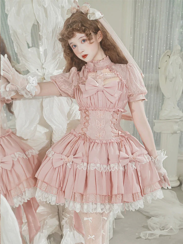 Baby Pink クロスリボンのコルセット風半袖ワンピース – ロリータ Baby Pink クロスリボンのコルセット風半袖ワンピース – ロリータ