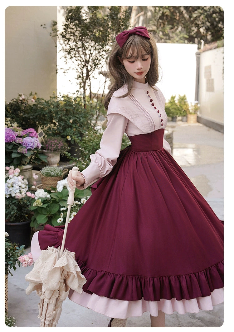 Rose red fake two-piece style dress
