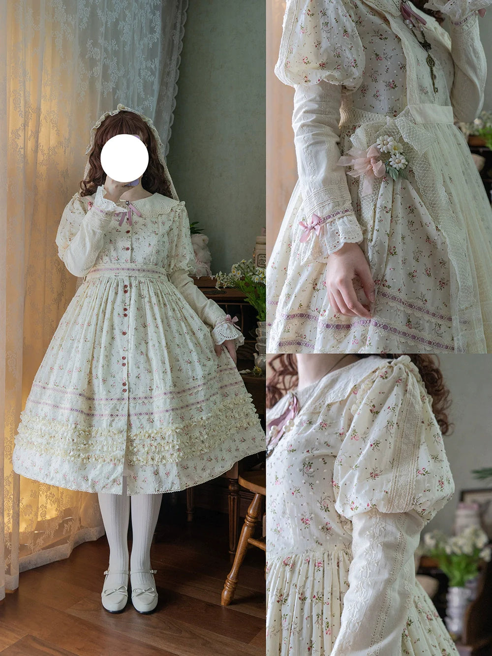 【予約販売】Pink Flower 小花模様のボタン付コットンワンピース