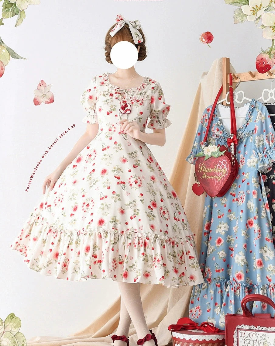 Early Summer Strawberry Picture Book One-Piece Dress with Ribbon Hair Accessory