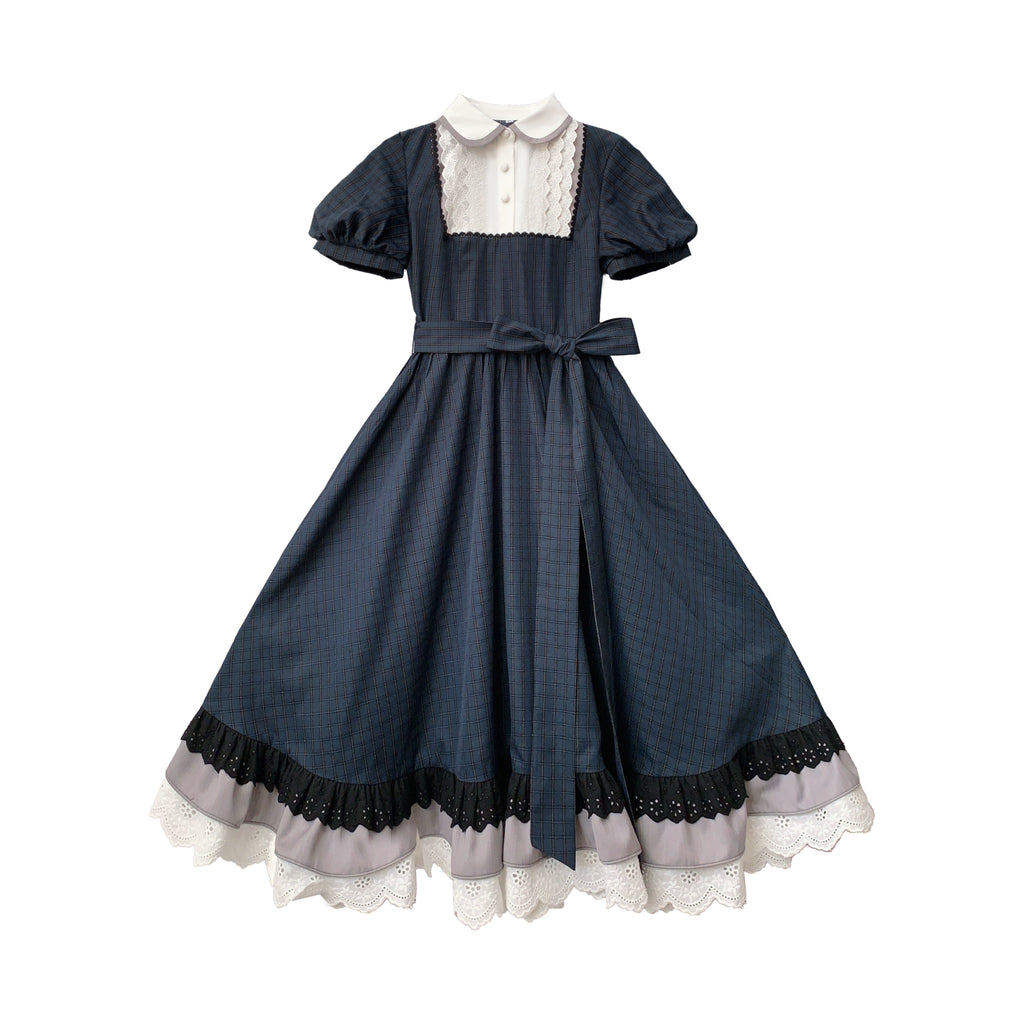 【予約販売】Phyllis ネイビーチェックのエレガントレトロ半袖ワンピース