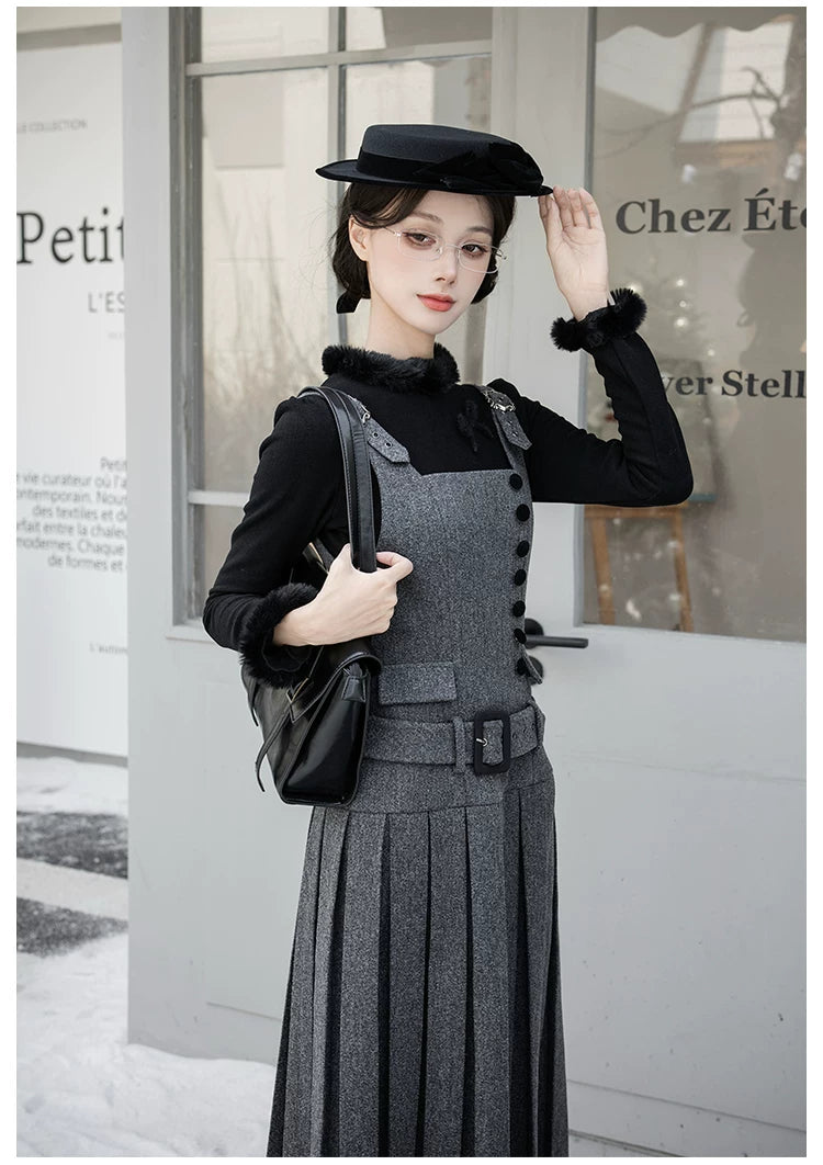 【予約販売】Graceful Gray プリーツジャンパースカート・ロング丈