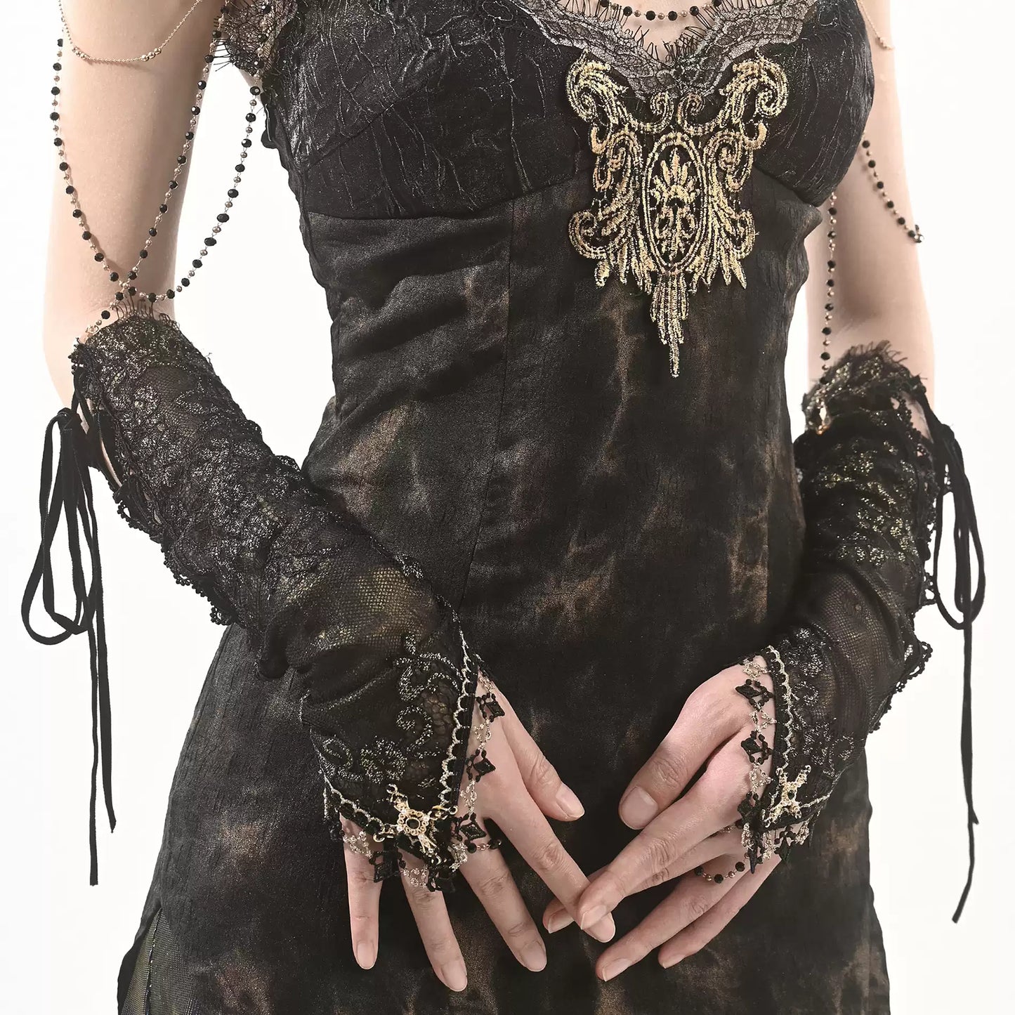 【DarkGothic】フィンガーレス×クロス ダブルレースアームカバー | ダークゴシック