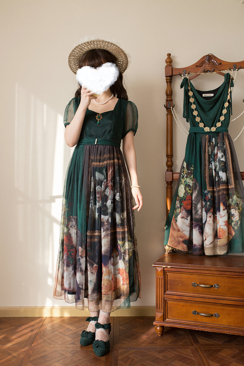 【予約販売】Elegance Greek 油彩画風プリントエンパイアワンピース・新色