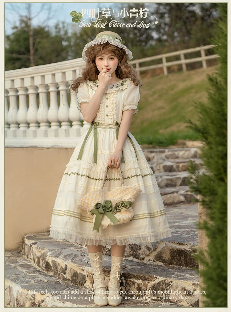 【受注予約5/18まで】Four Leaf Clover and Lime 刺繍襟のワンピース
