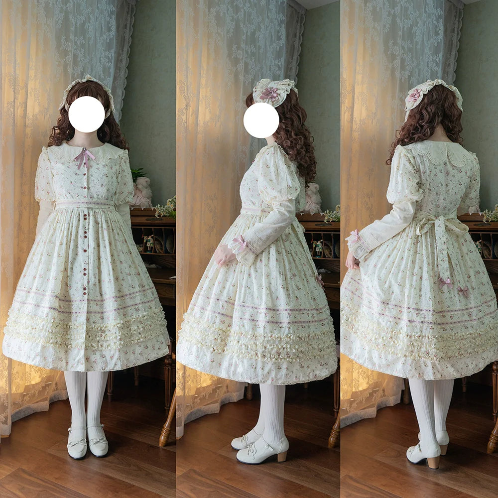 【予約販売】Pink Flower 小花模様のボタン付コットンワンピース