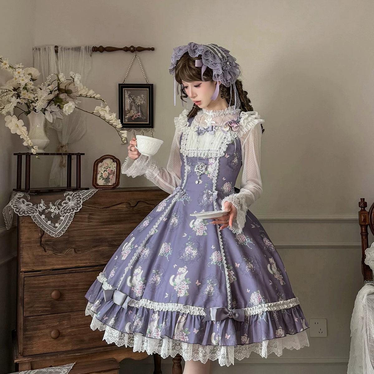 【受注予約10/28まで】Fleurs Violettes プリントジャンパースカート