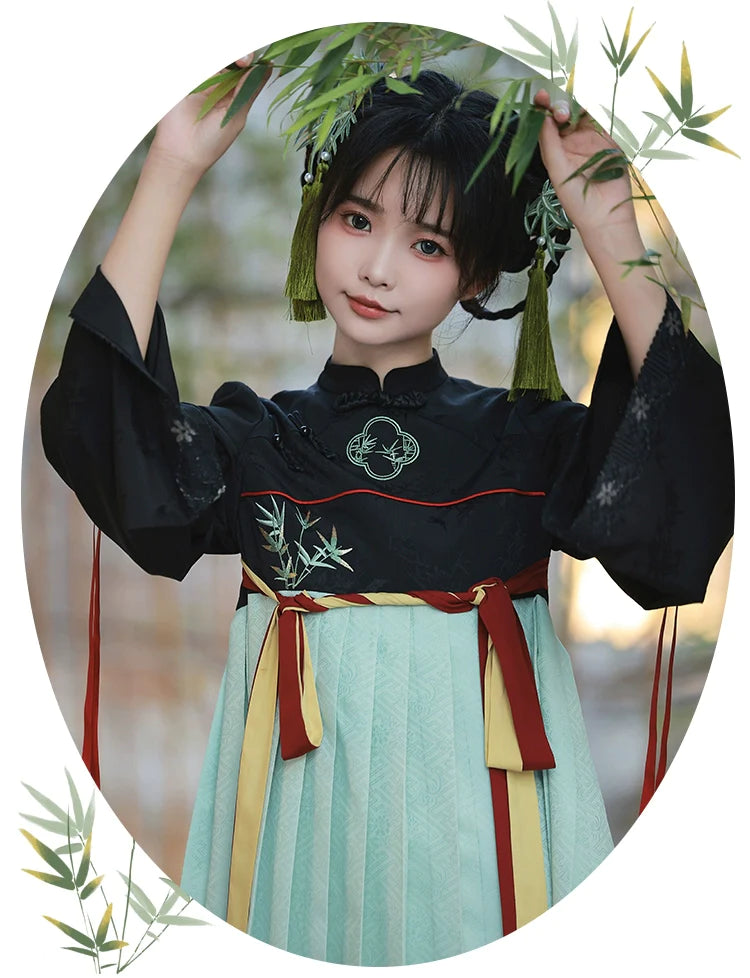 White green bamboo pattern Hanfu style fake two piece dress