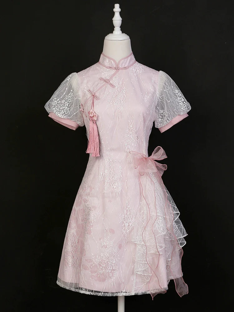 Peach Blossom pink ribbon cheongsam dress