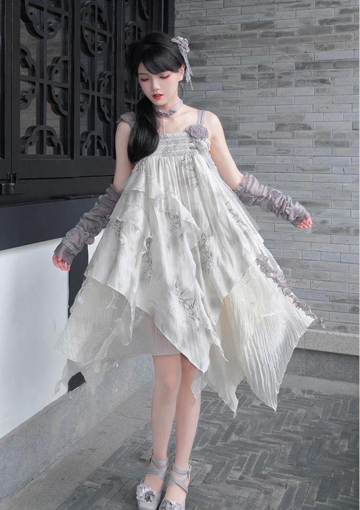 Irregular hem floral Lolita ink painting style jumper skirt