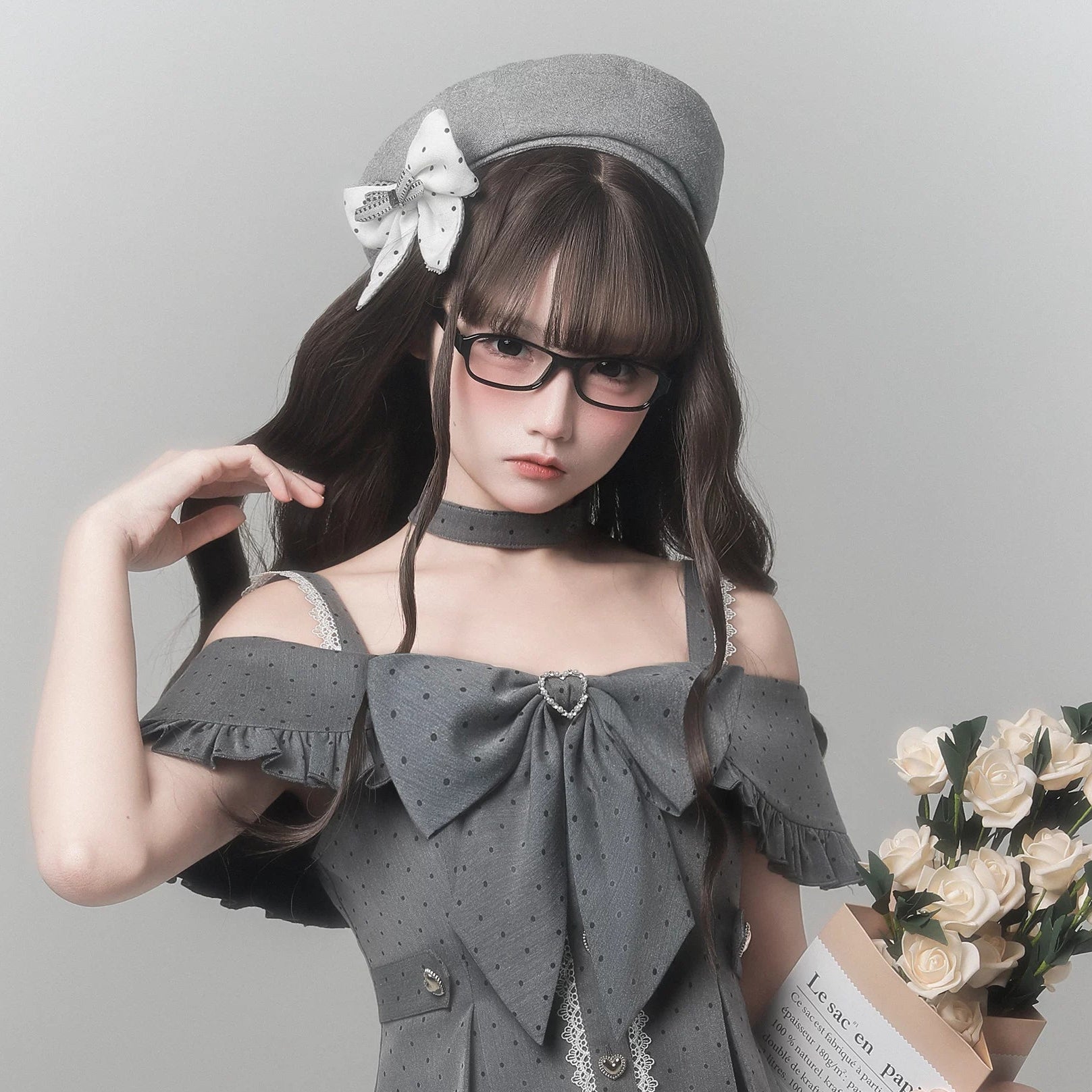 お嬢様グレーの水玉リボン付きベレー帽
