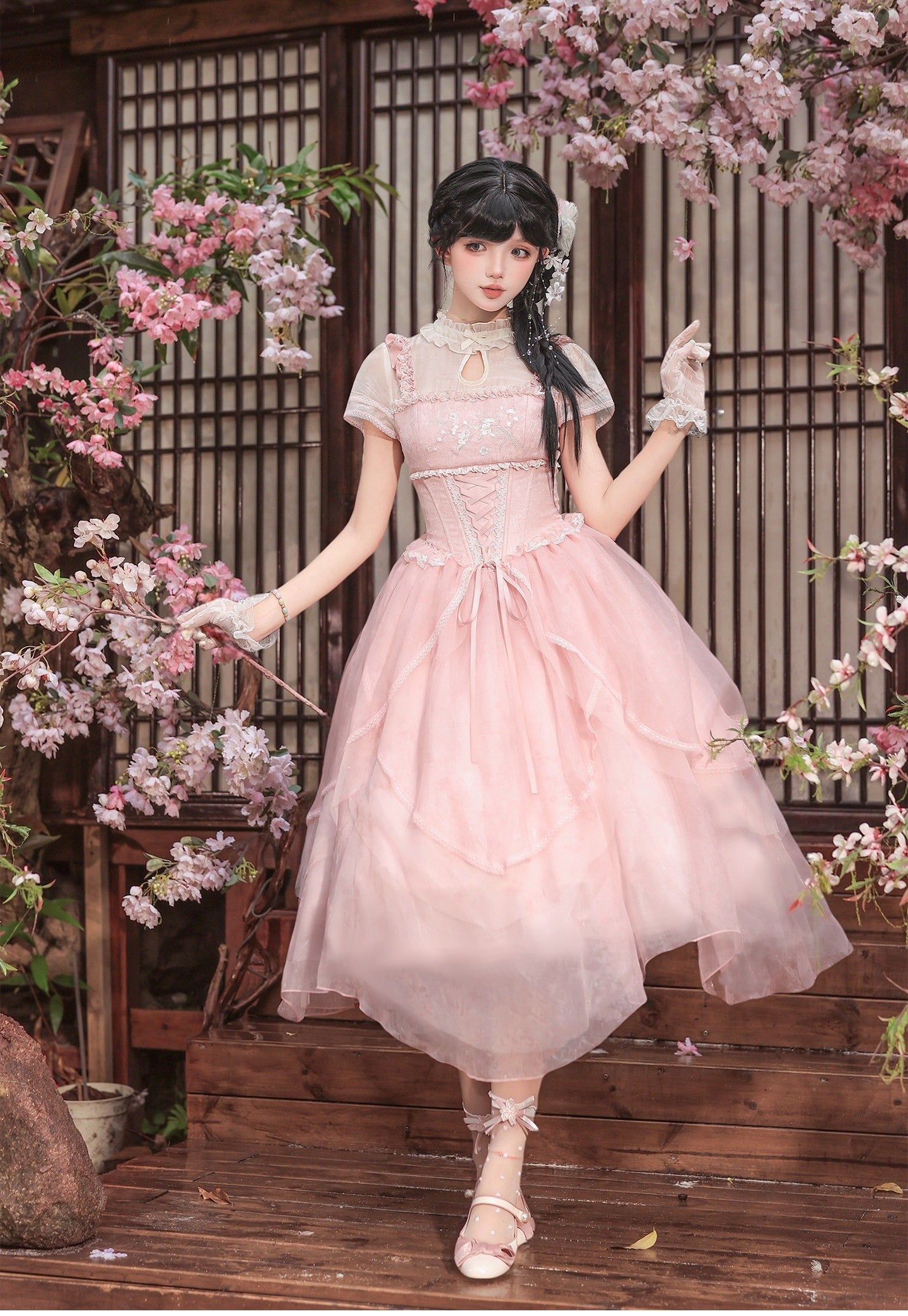 馨香 花びらティアード中華風ロリータワンピース