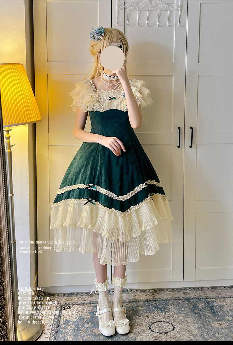 薔薇模様のジャガードフリルレース2wayワンピース 全4色