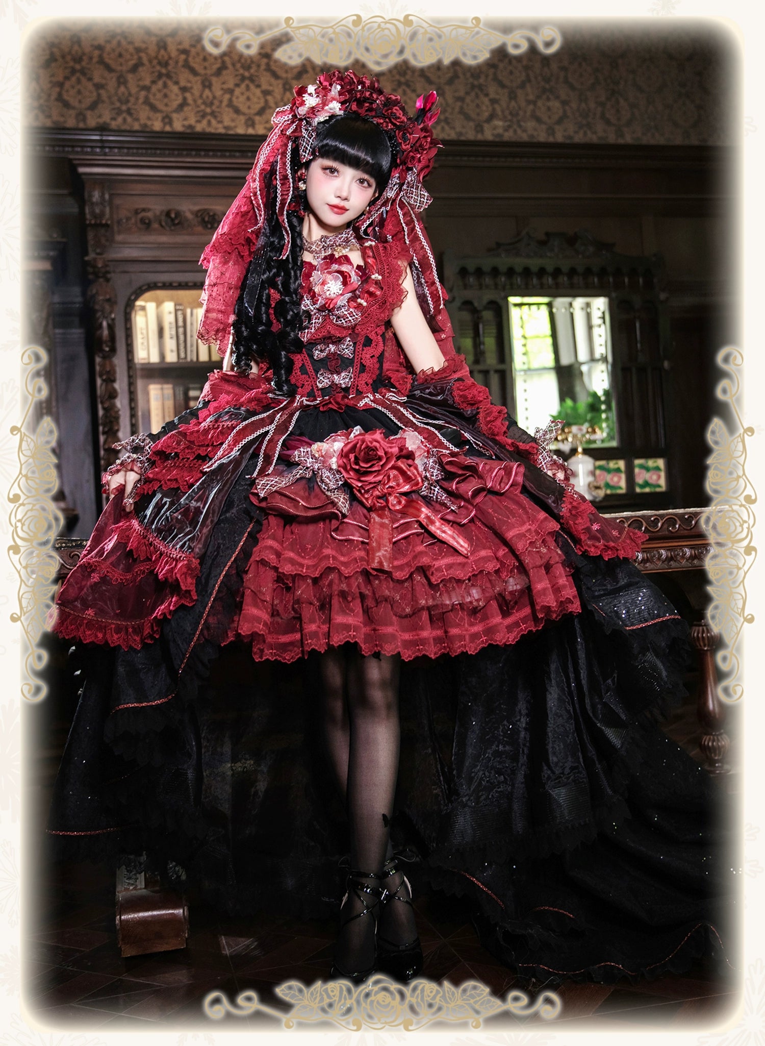【受注予約8/13まで】Snow Rose Princess トレーン付きドレス・レッド×ブラック（シルバー）