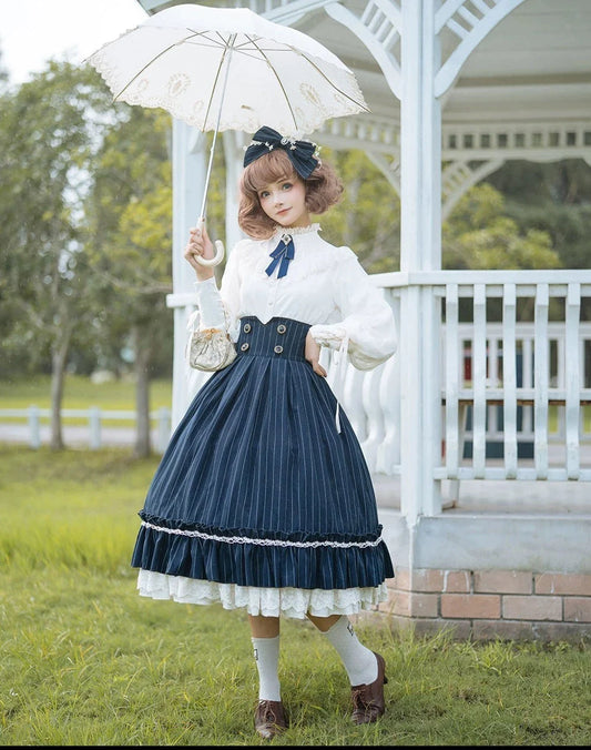 British Classical Lolita Vertical Striped High Waist Skirt