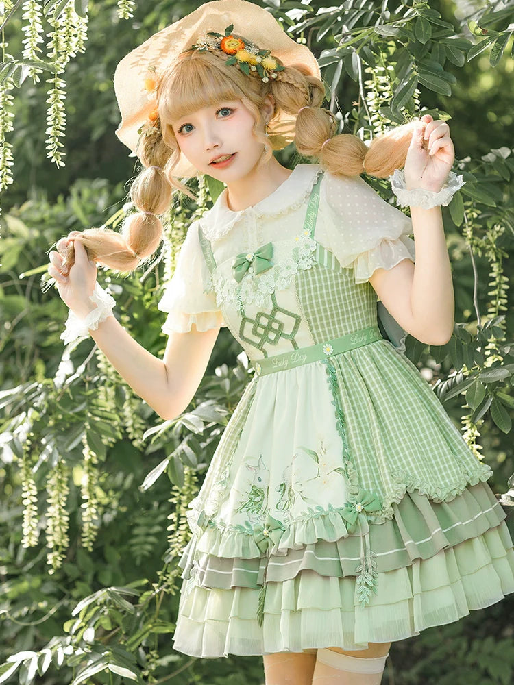 Lucky Dayくすみグリーンのカントリー風ジャンパースカート