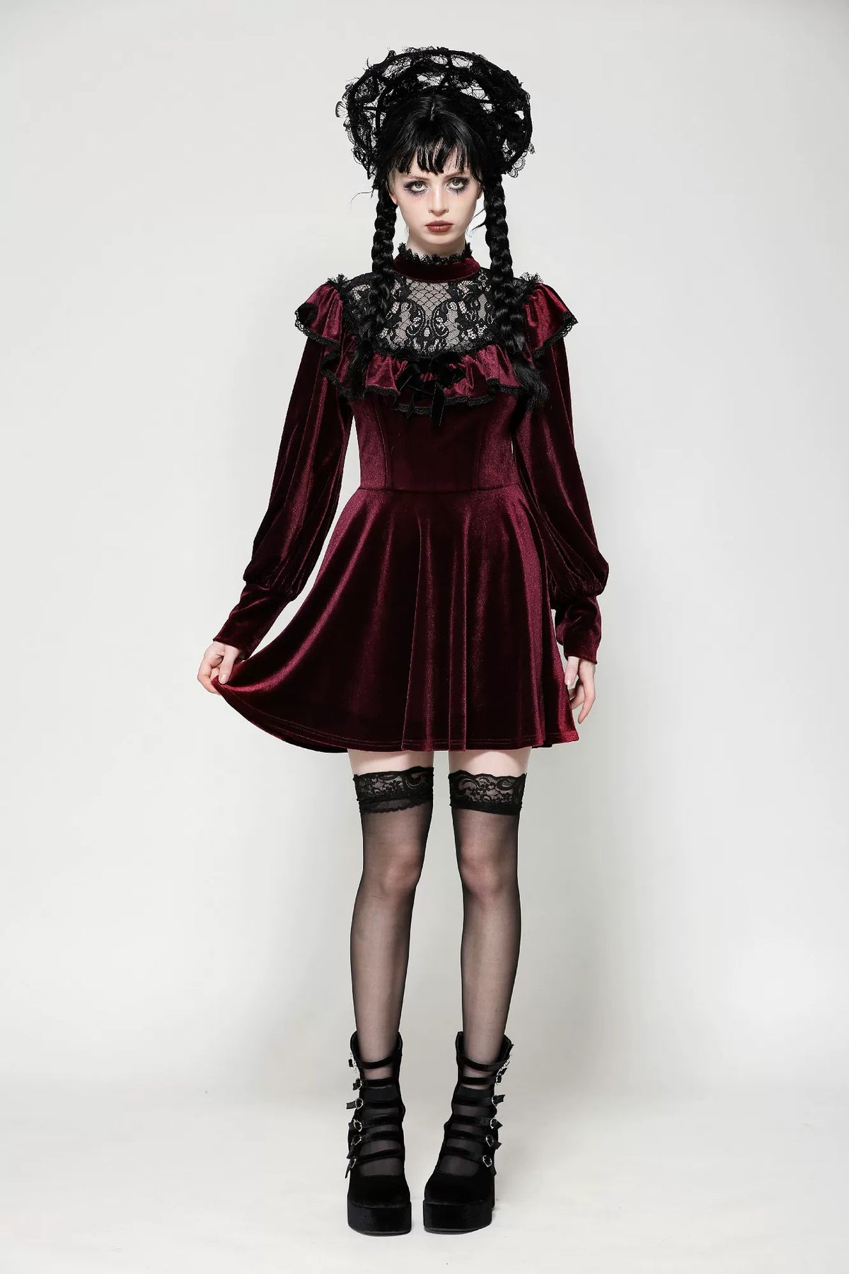 【Dark in Love】ダークレッド ベルベット×レース ゴスロリ長袖ワンピース | Blood Velvet (コピー)