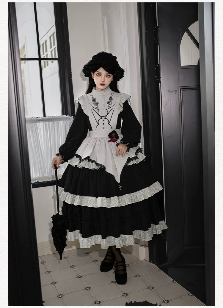 Monochrome Night Rose Embroidered Dress and Apron