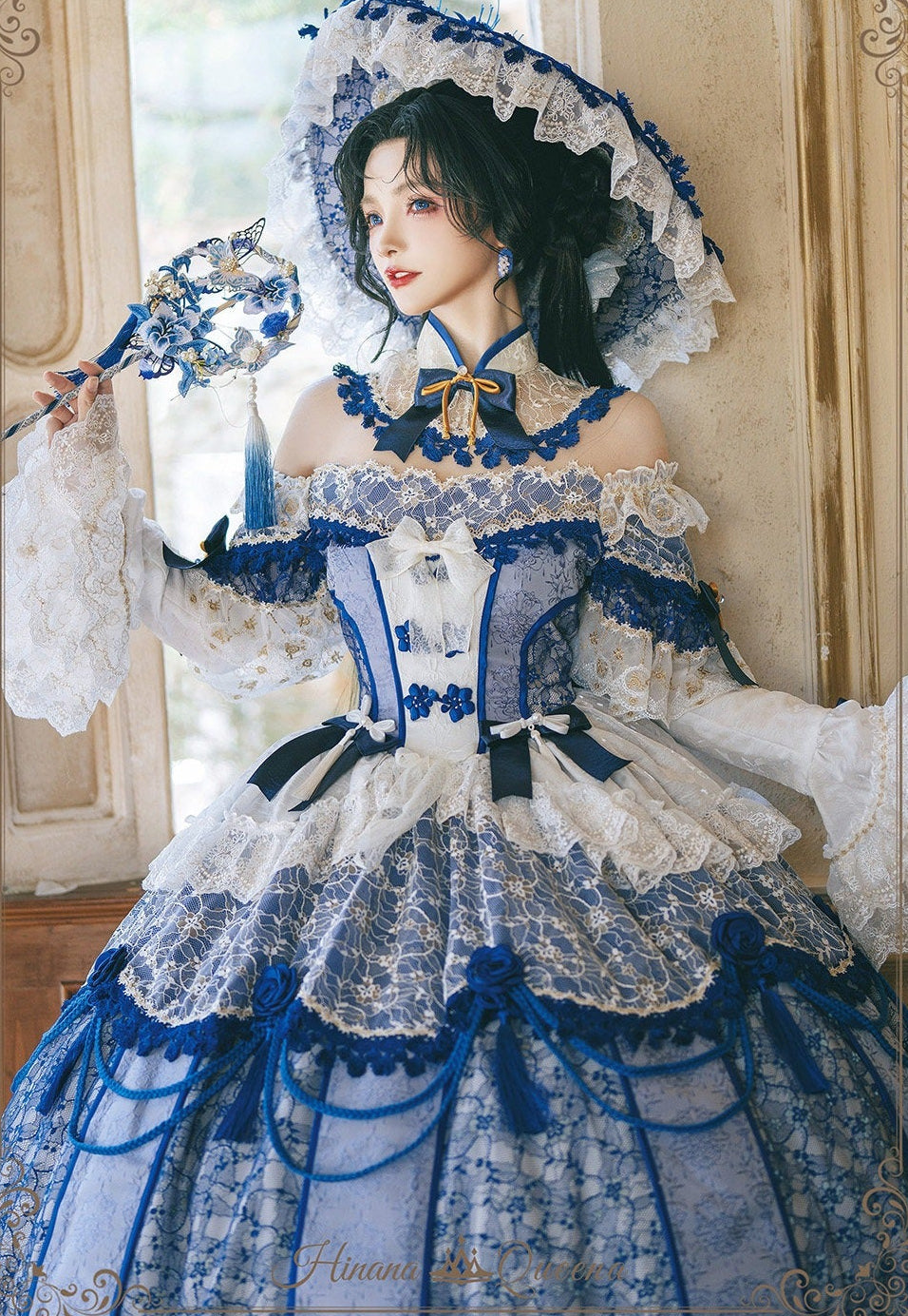【受注予約11/18まで】千刻玲瓏 中華風長袖ドレス・ブルー