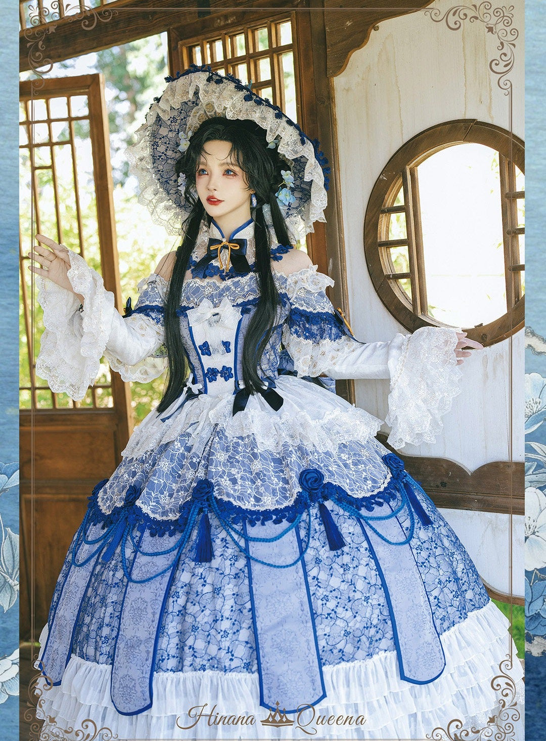 【受注予約11/18まで】千刻玲瓏 中華風長袖ドレス・ブルー