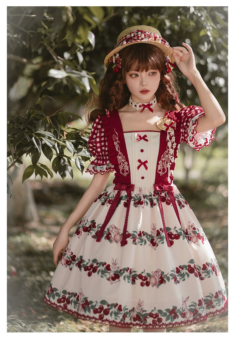 Midsummer Orchard Cherry and Rabbit Short Sleeve Dress