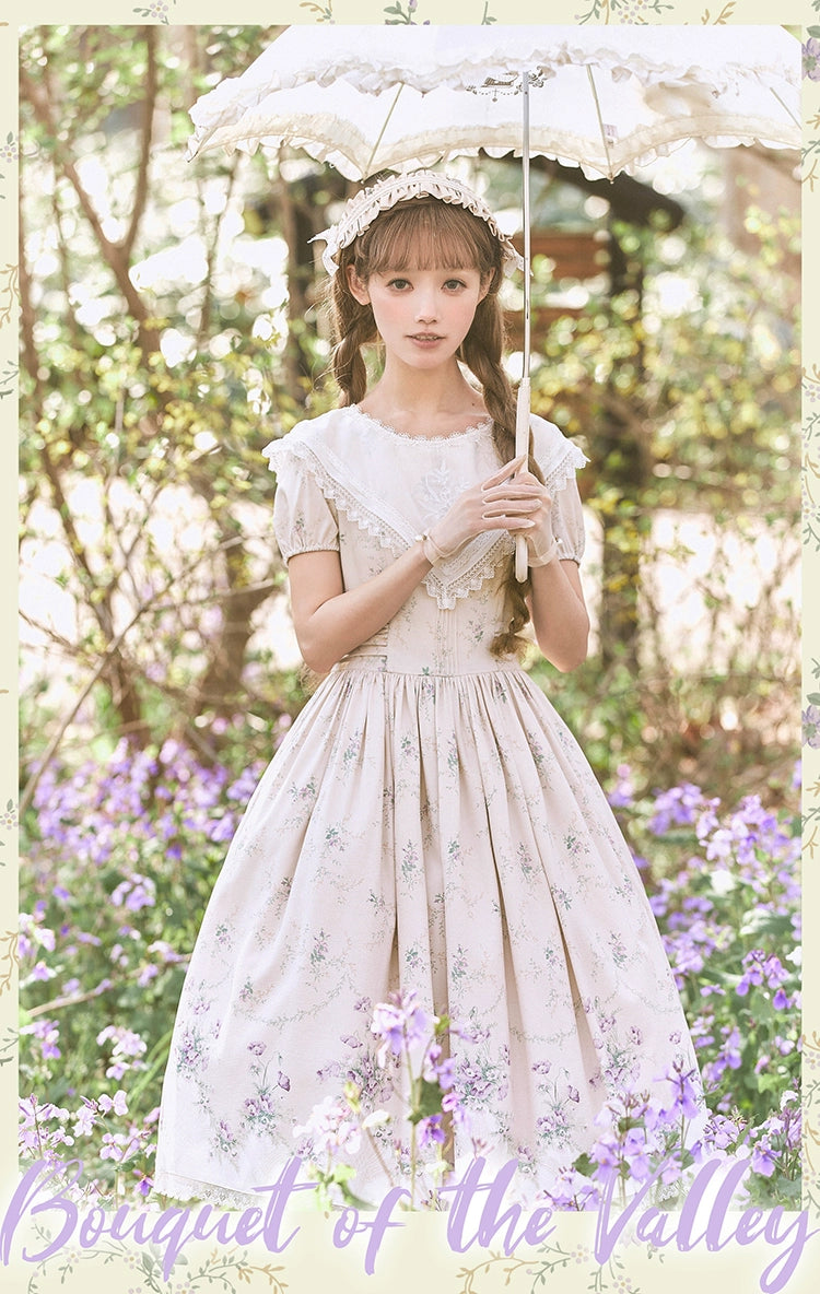 Bouquet of the Valley 刺繍入り三角襟の花柄ワンピース – ロリータ Bouquet of the Valley 刺繍入り三角襟の花柄ワンピース – ロリータ