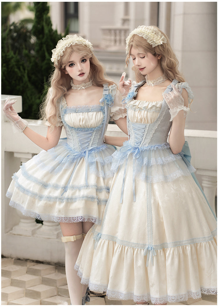 【予約販売】Sea Salt Iced Tea ライトブルージャガードジャンパースカートセット・ロング丈