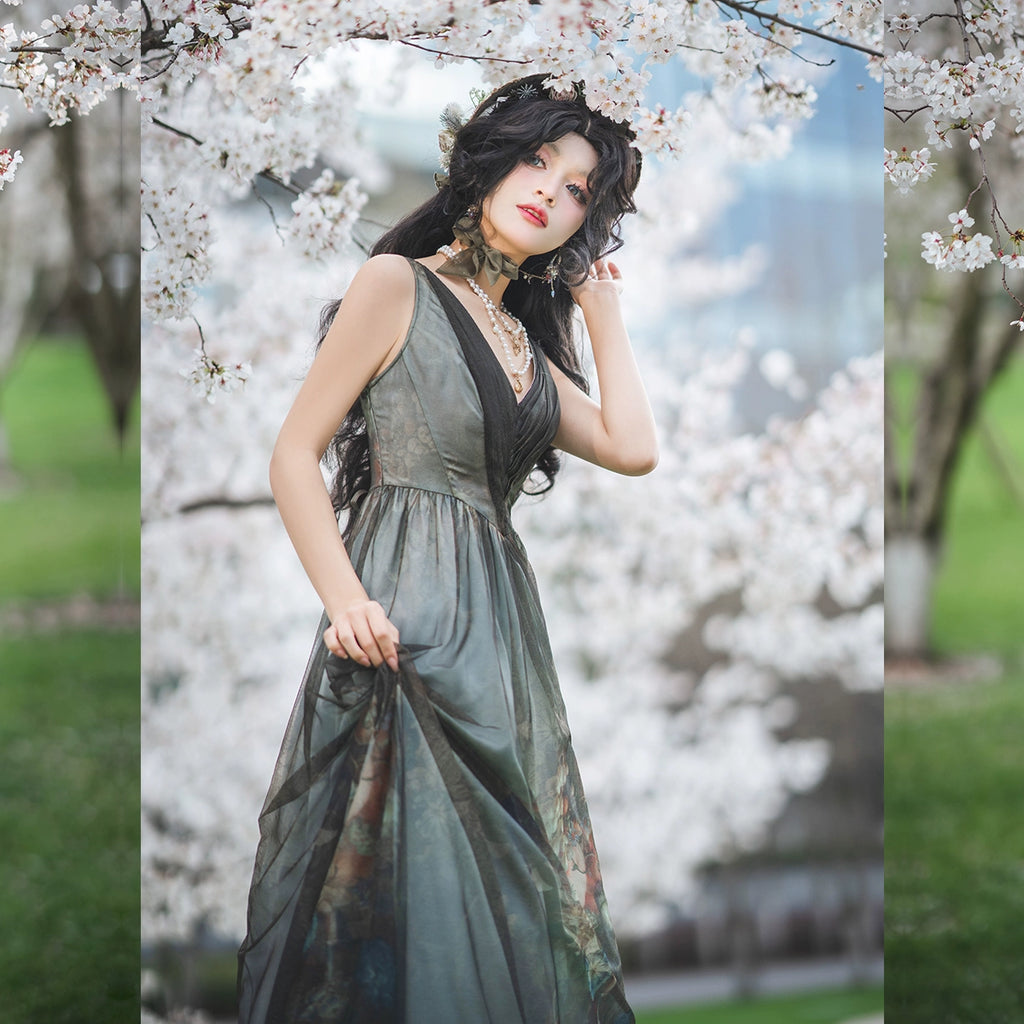 Porcelain Flower Garden 油彩画のロング丈ジャンパースカート