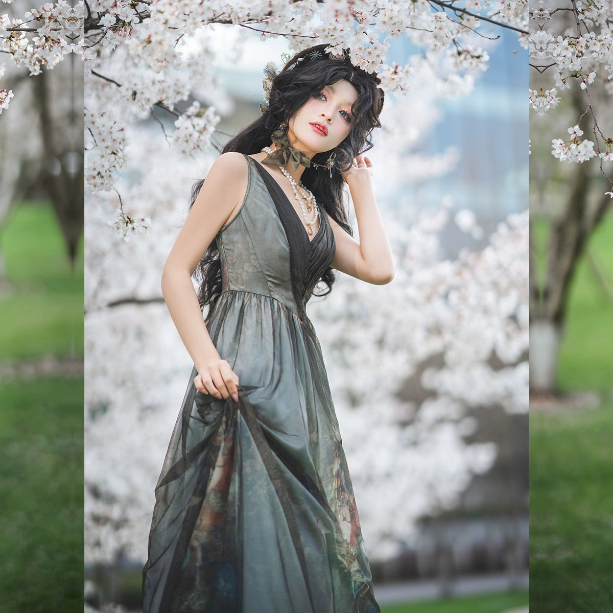 【販売期間終了】Porcelain Flower Garden 油彩画のロング丈ジャンパースカート