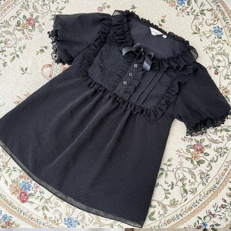 flower button short sleeve blouse