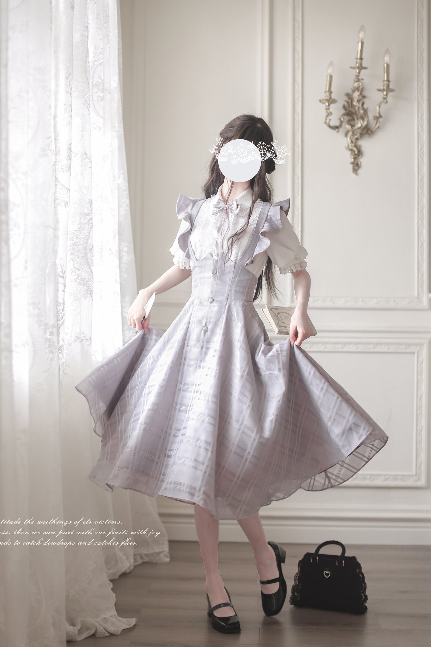 Monochrome Heart チェック柄ジャンパースカートセット・ロング丈