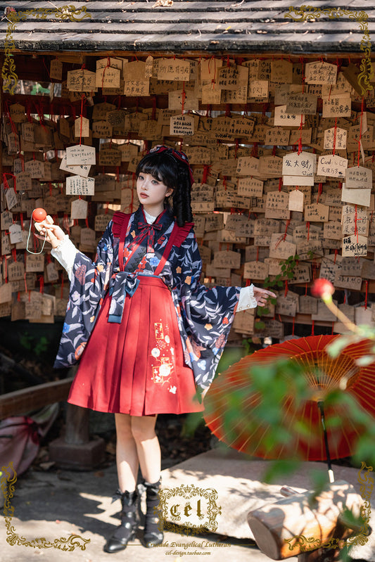 Temari embroidered hakama-style suspender skirt