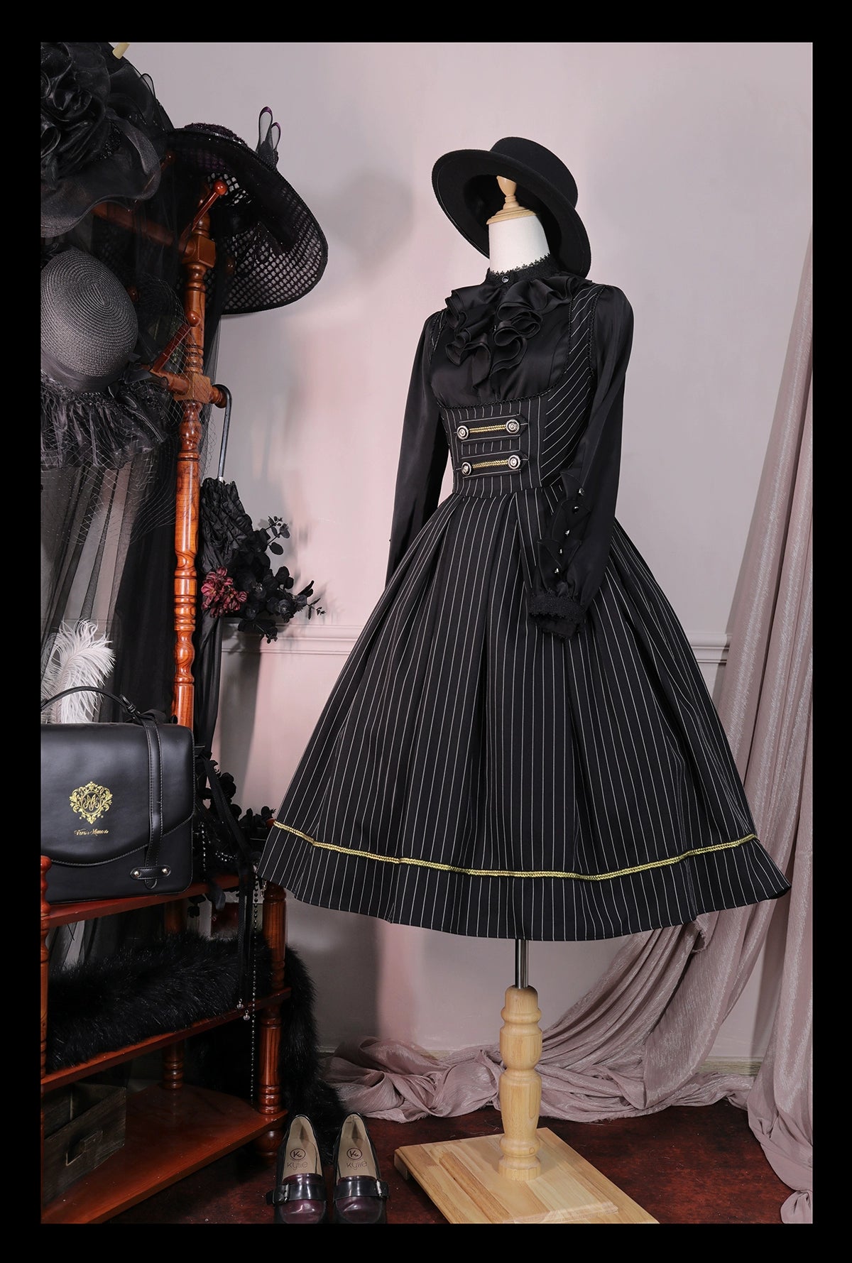 [Resale/Pre-orders available until 10/28] Bright Moon Corset Jumper Skirt Stripe [Black]