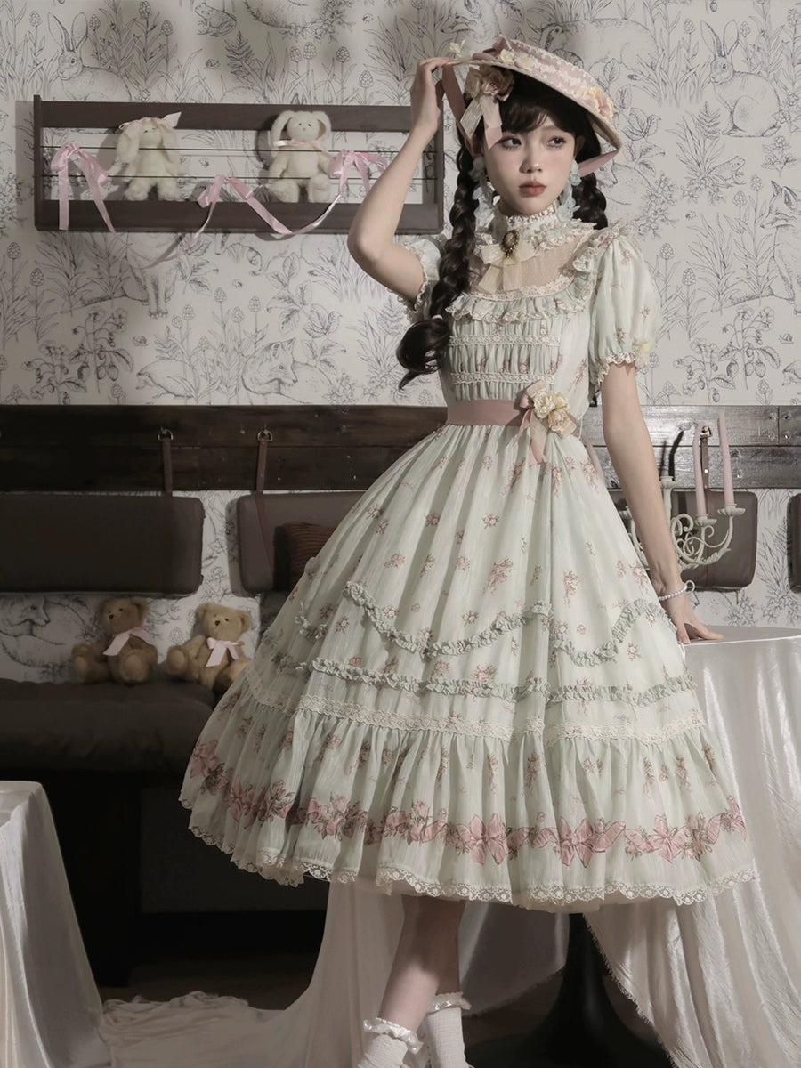 Roses Bouquet Stand Collar Frill Dress