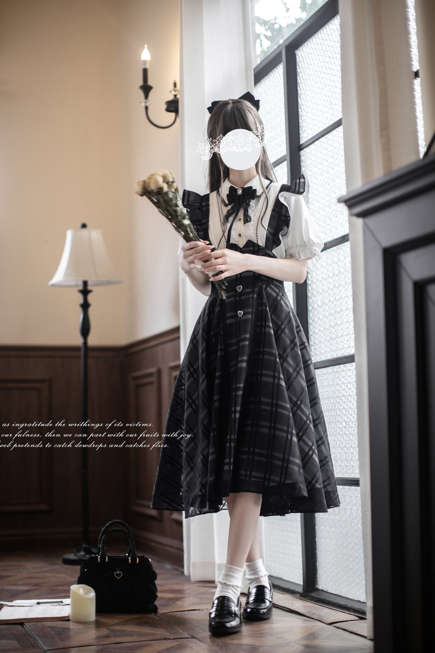 Monochrome Heart チェック柄ジャンパースカートセット・ロング丈