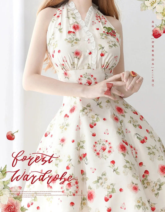 Early Summer Strawberry Picture Book Halter Neck Jumper Skirt with Ribbon Hair Accessory