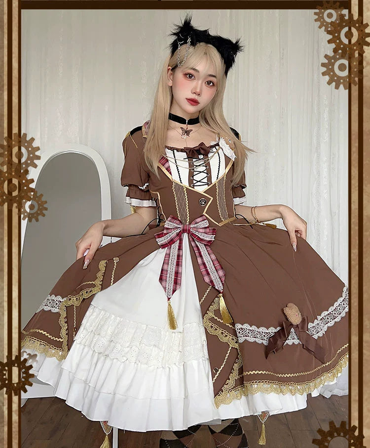 Bear Chocolat Brown dress with ribbon and lace