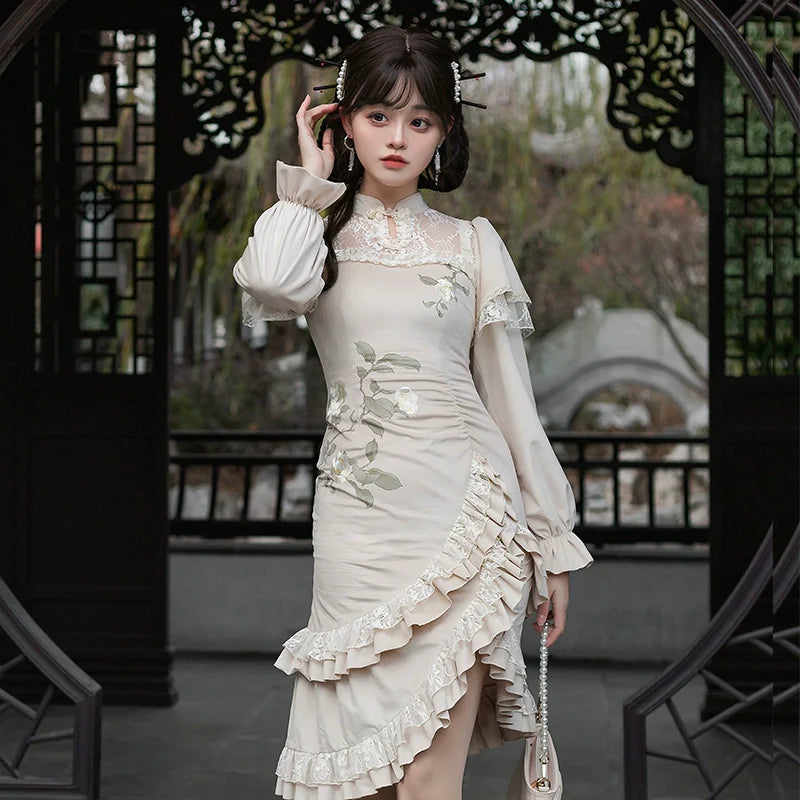 White camellia Chinese dress style one-piece