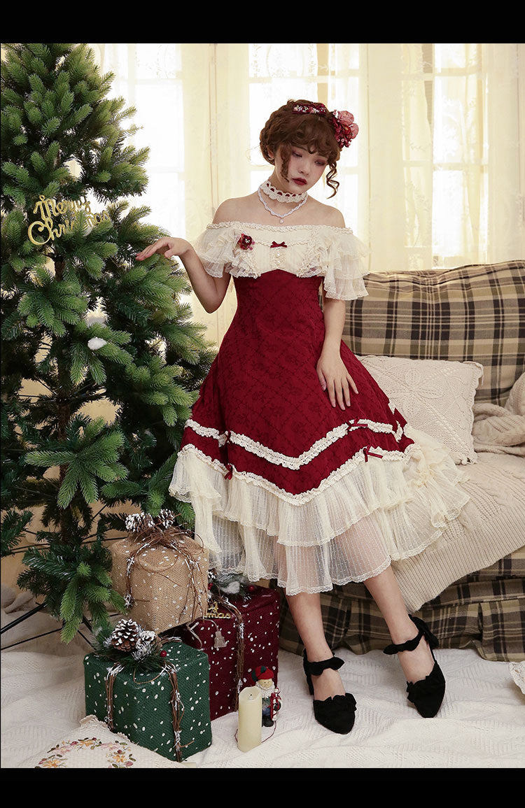 薔薇模様のジャガードフリルレース2wayワンピース 全4色