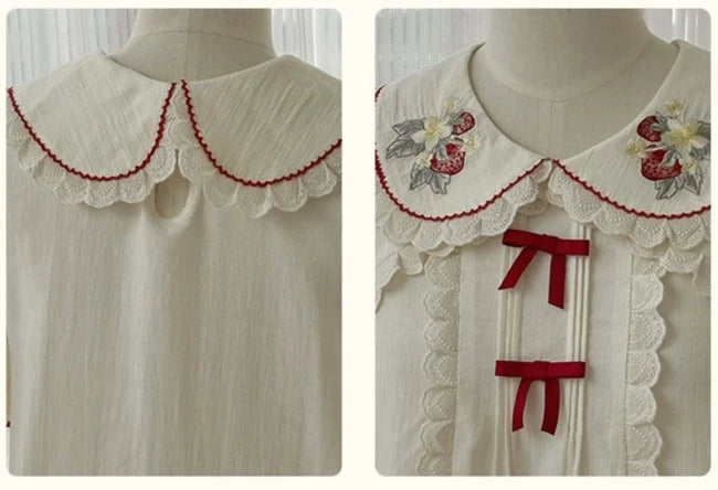 Strawberry Orchard Strawberry Embroidered Long Sleeve Blouse