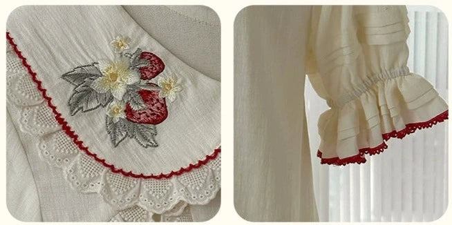 Strawberry Orchard 苺の刺繍半袖ブラウス