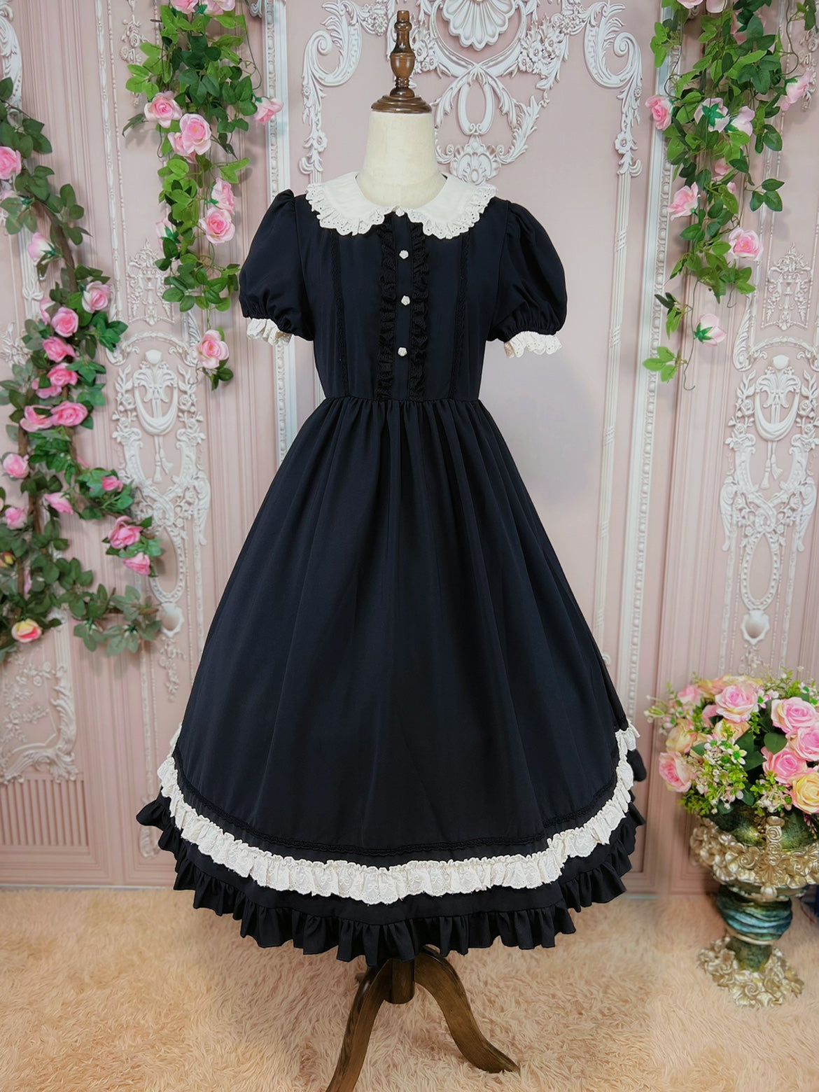 フリル襟の半袖メイドワンピース エプロン付き ロング丈 – ロリータ