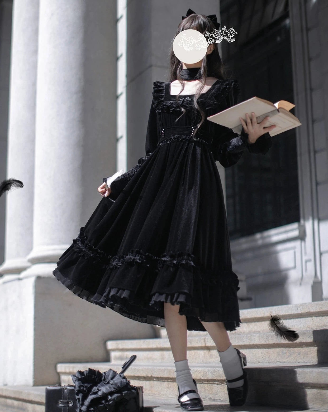 Black swan velvet frill dress
