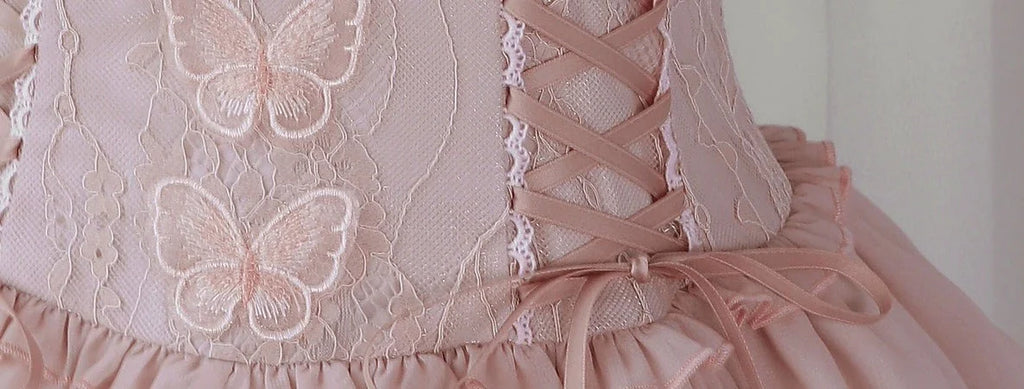 Baby Pink クロスリボンのコルセット風半袖ワンピース